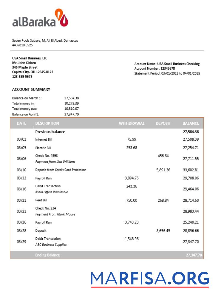 Downloadable Syrian Al Baraka corporate checking account statement Word and PDF template